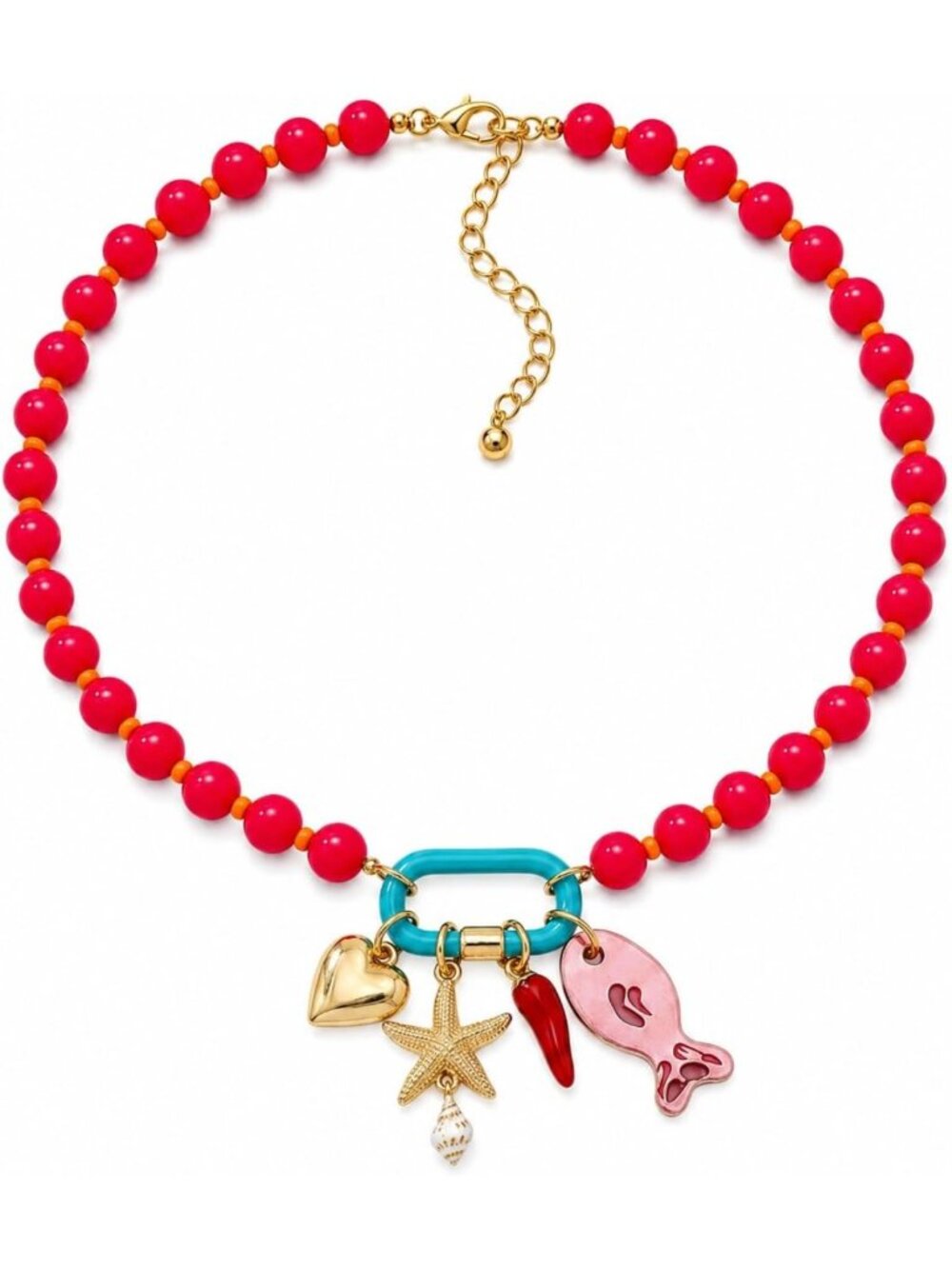 Colorful Chunky Beaded Necklace for Women, Boho Fish Starfish Pendant Y2K Beach